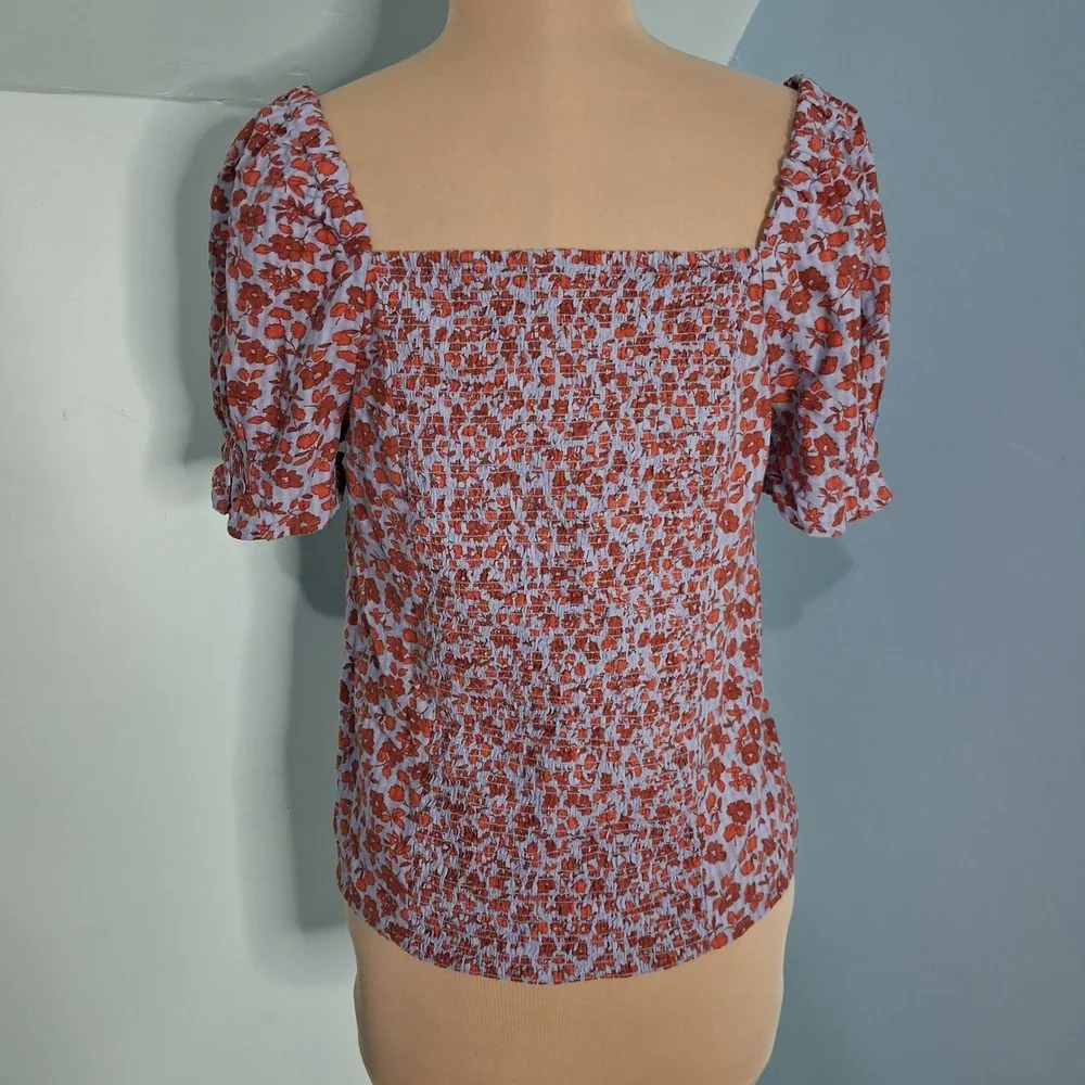 Madewell Floral Feminine Dainty Button-Front Puff Sleeve Top Blue Red Size 0